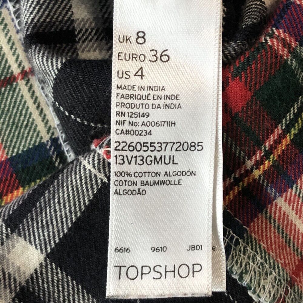 Topshop Shirt Women 4 Black Red Plaid 100% Cotton Button Up Shirt Long Sleeve - Picture 7 of 12